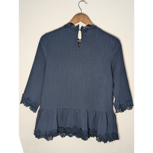 Hidden Alley BOHO Top Blue/Dark Gray Crochet Trim Detail 3/4 Sleeve Size S - Picture 10 of 10